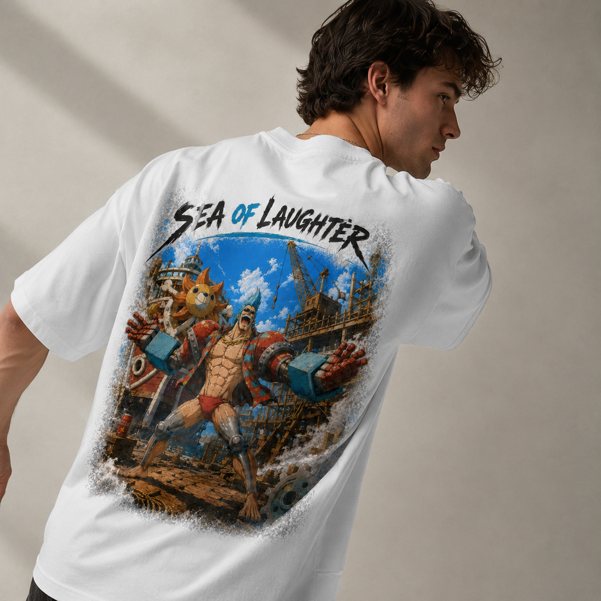One Piece Anime Graphic Tee - Sea of Laughter: Franky, Dockyard Stance in Full Motion