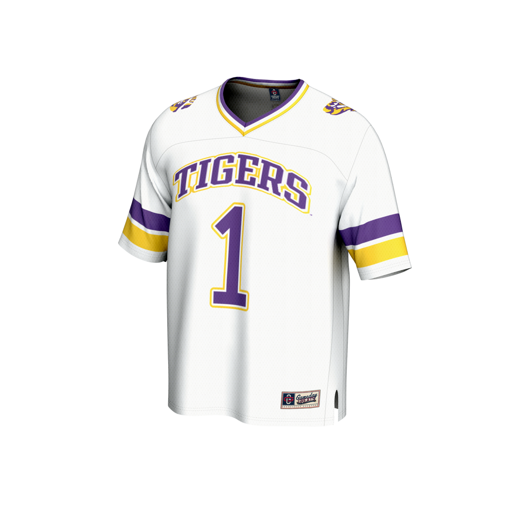 #1 White LSU Tigers Collegiate Football Fashion Jersey