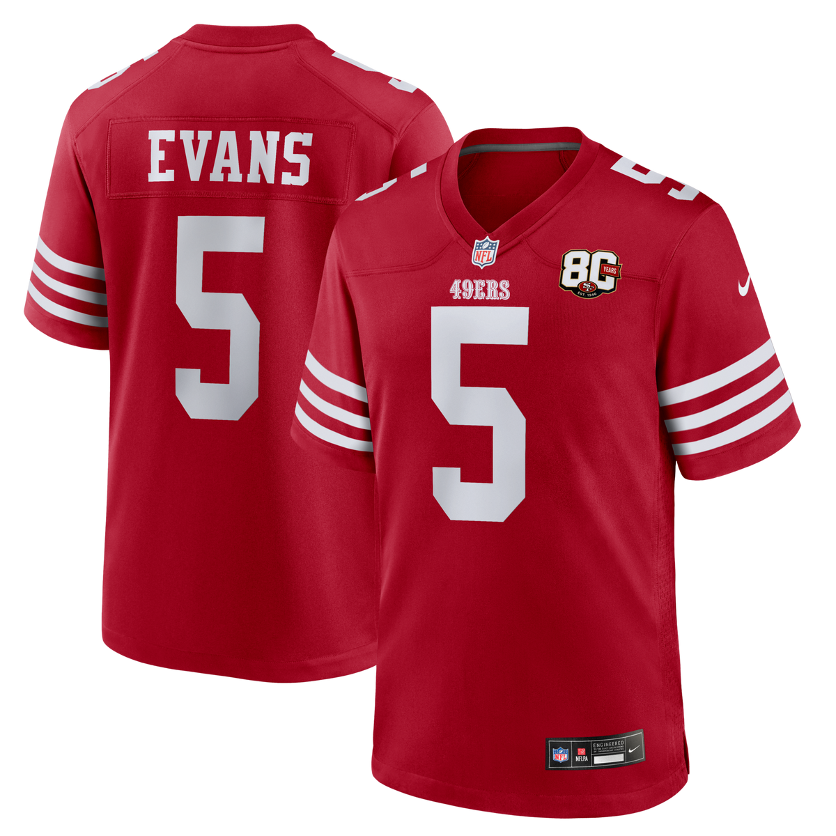San Francisco 49ers Mike Evans Scarlet 80th Anniversary Game Football Jersey