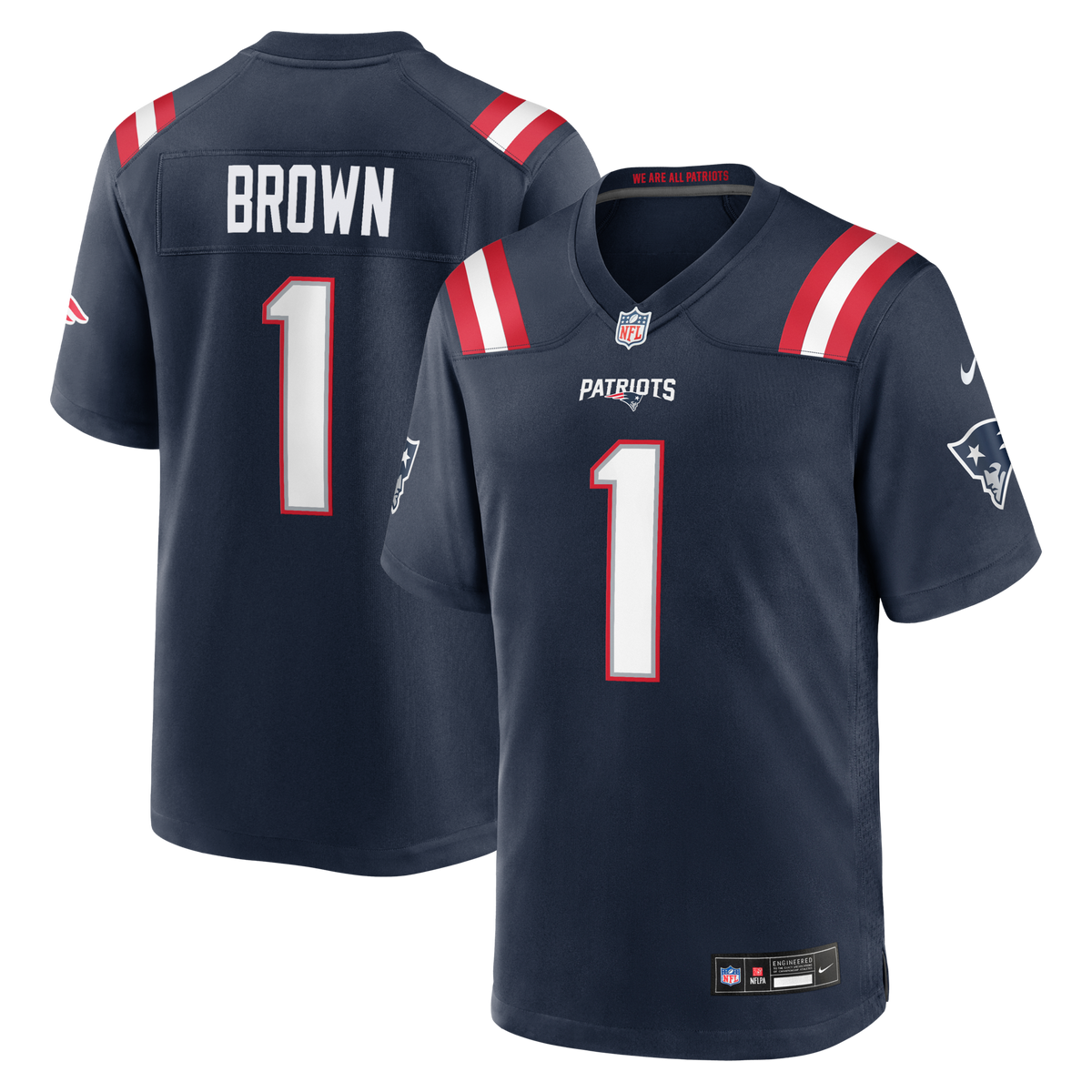 New England Patriots A.J. Brown Navy Team Game Football Jersey