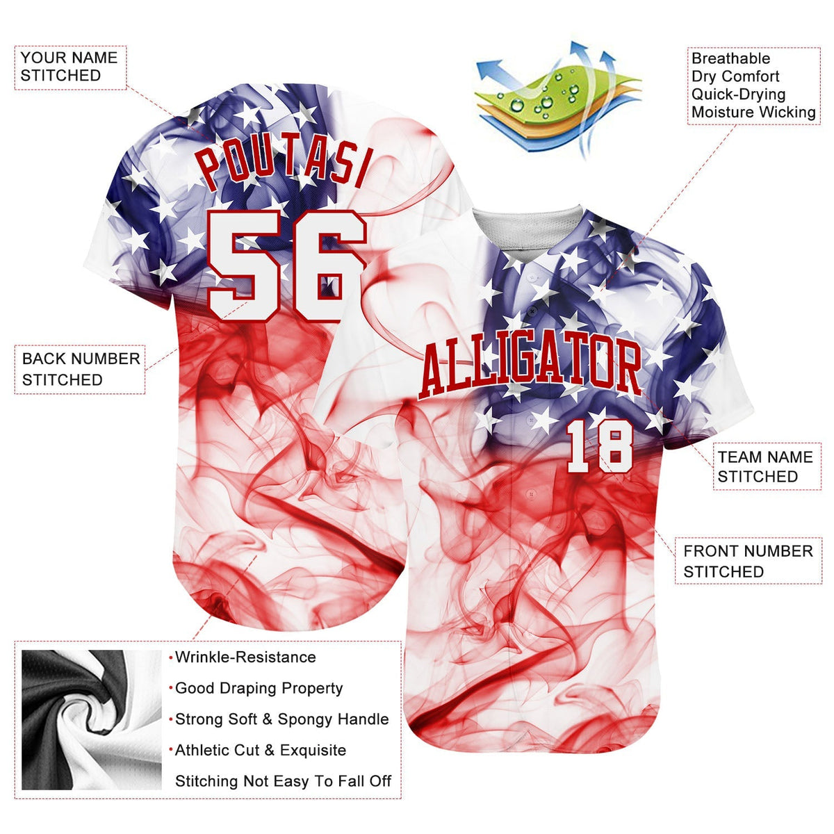 Custom Baseball Jersey - White White-Red 3D American Flag