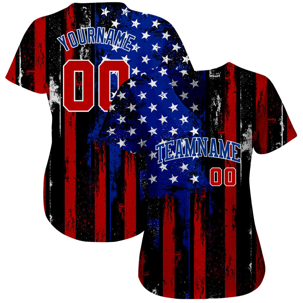 Custom Baseball Jersey - Black Red Royal-White 3D Distressed American Flag