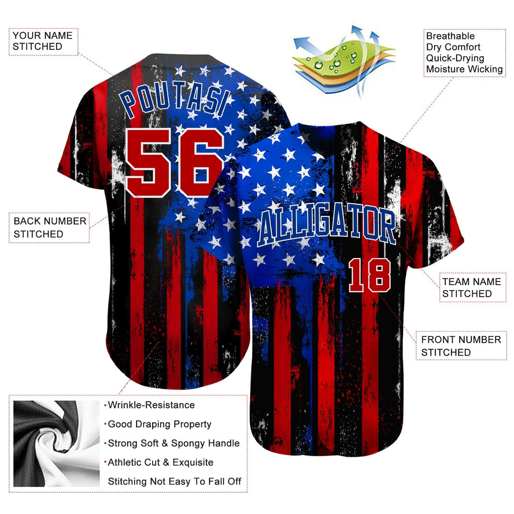 Custom Baseball Jersey - Black Red Royal-White 3D Distressed American Flag