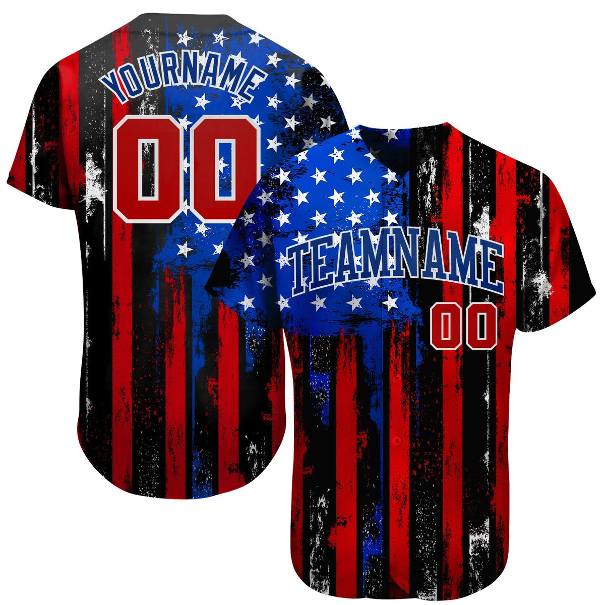 Custom Baseball Jersey - Black Red Royal-White 3D Distressed American Flag
