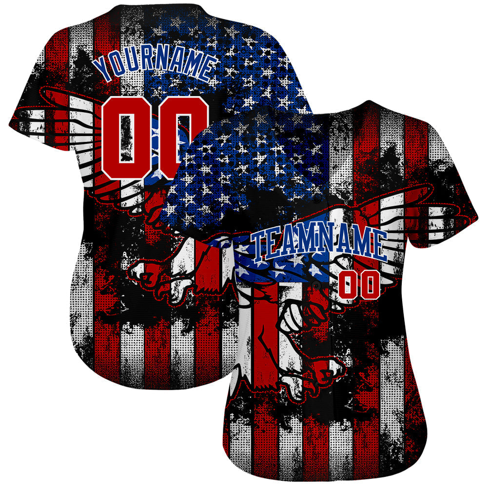 Custom Baseball Jersey - Black Red Royal-White 3D Eagle American Flag