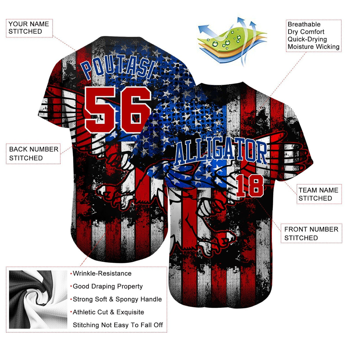 Custom Baseball Jersey - Black Red Royal-White 3D Eagle American Flag