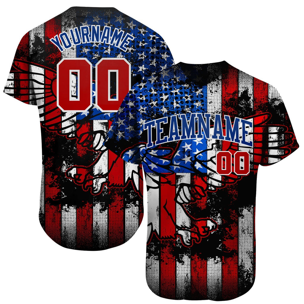 Custom Baseball Jersey - Black Red Royal-White 3D Eagle American Flag