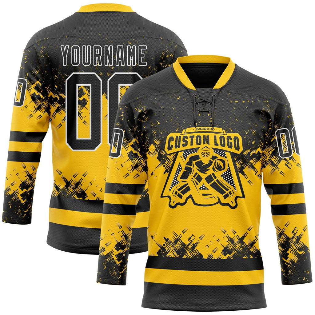 Custom Hockey Jersey - Black Yellow-White Abstract Splatter Paint Lace Neck