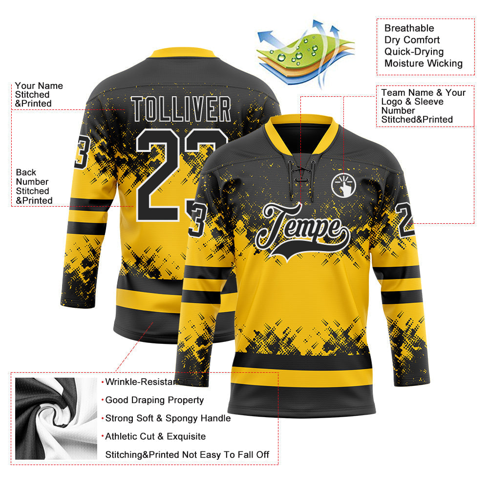 Custom Hockey Jersey - Black Yellow-White Abstract Splatter Paint Lace Neck
