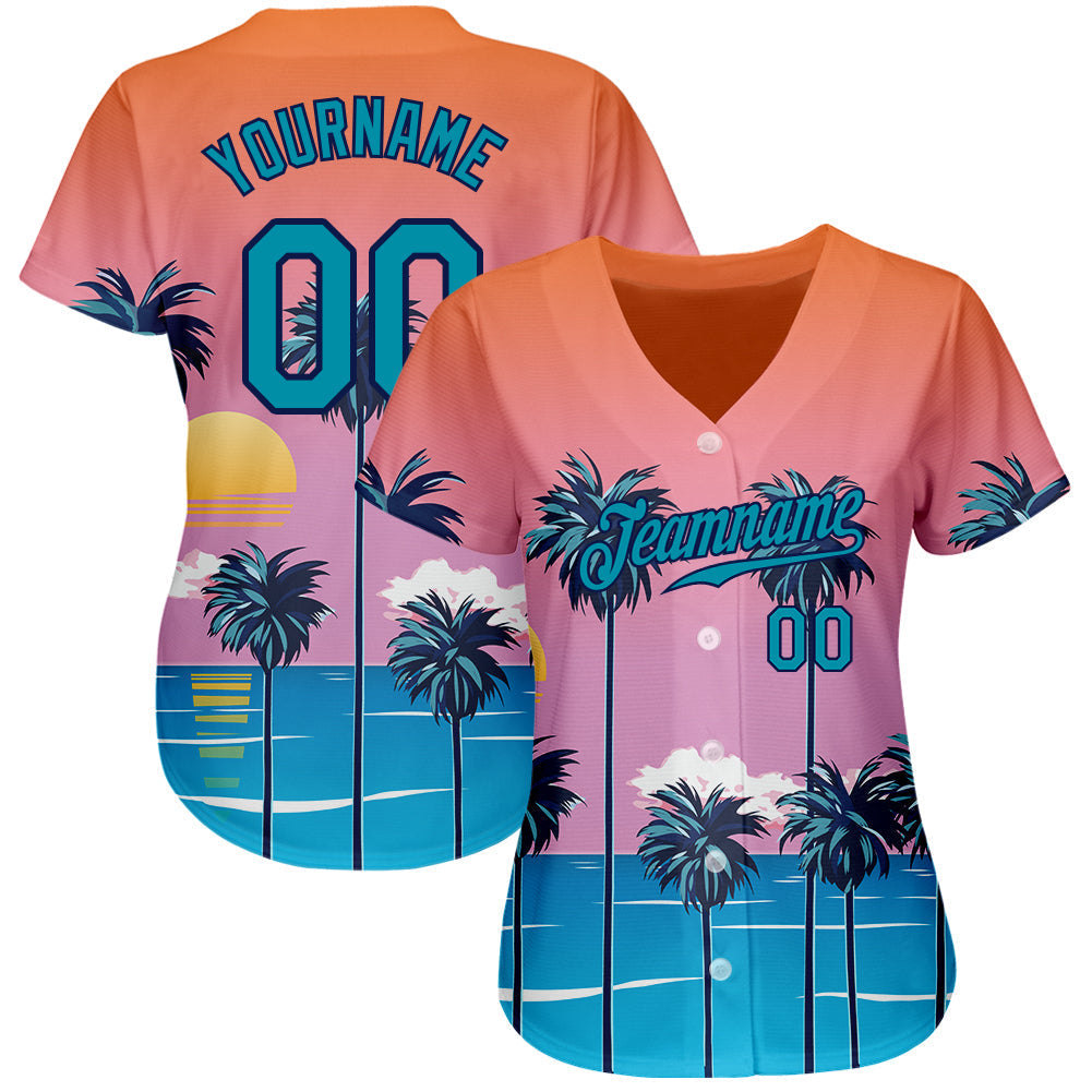 Custom Baseball Jersey - Orange Teal-Navy 3D Pattern Design Sun Beach Hawaii Palm Trees