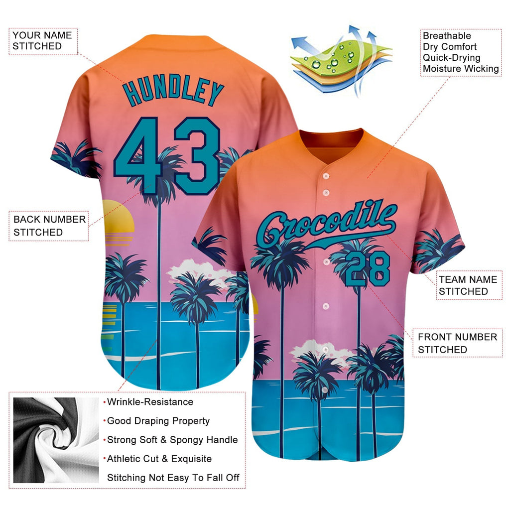 Custom Baseball Jersey - Orange Teal-Navy 3D Pattern Design Sun Beach Hawaii Palm Trees