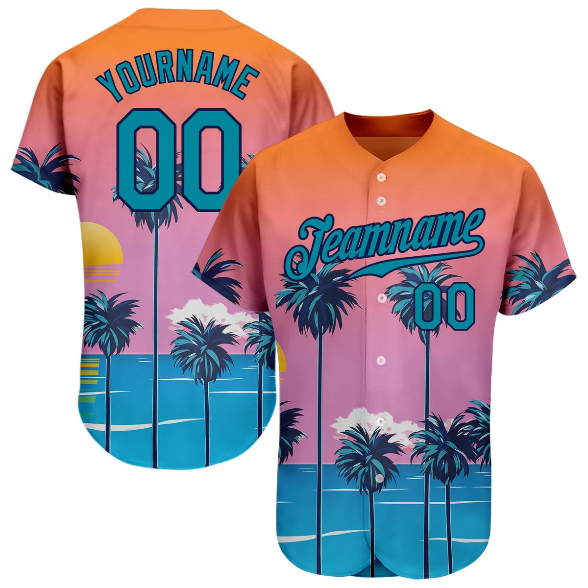 Custom Baseball Jersey - Orange Teal-Navy 3D Pattern Design Sun Beach Hawaii Palm Trees