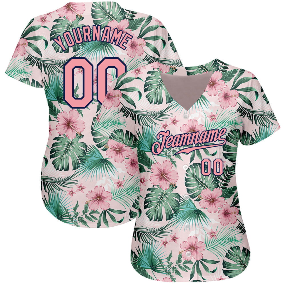 Custom Baseball Jersey - White Medium Pink-Navy 3D Pattern Design Hawaii Palm Leaves And Flowers