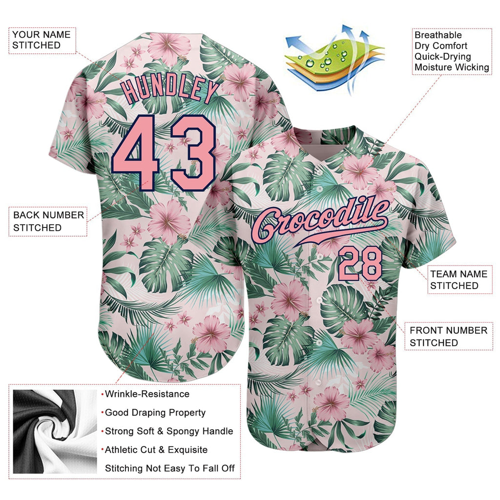 Custom Baseball Jersey - White Medium Pink-Navy 3D Pattern Design Hawaii Palm Leaves And Flowers