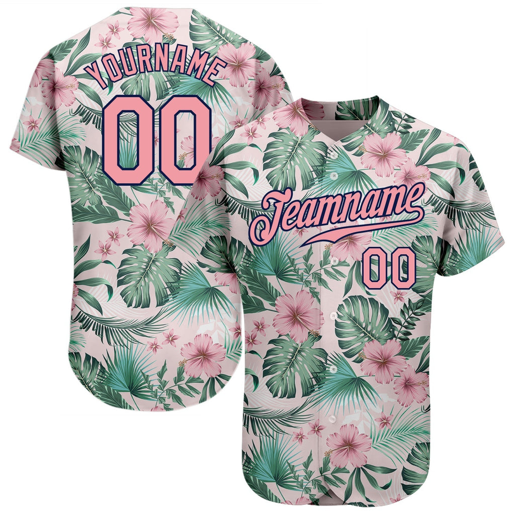 Custom Baseball Jersey - White Medium Pink-Navy 3D Pattern Design Hawaii Palm Leaves And Flowers