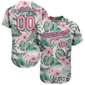 Custom Baseball Jersey - White Medium Pink-Navy 3D Pattern Design Hawaii Palm Leaves And Flowers