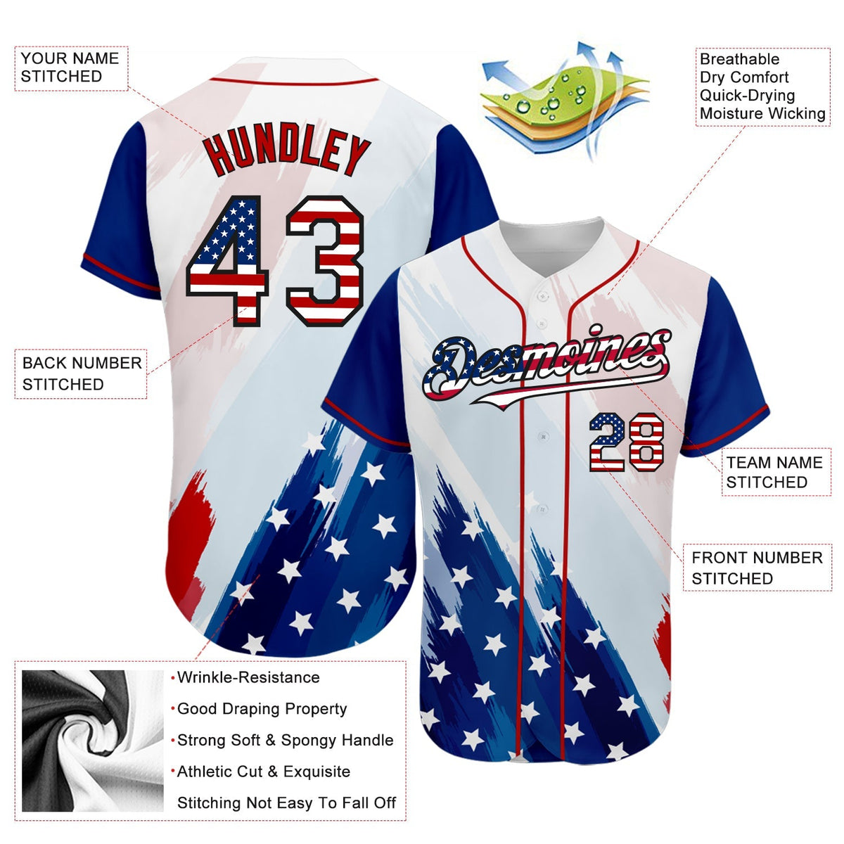 Custom Baseball Jersey - White USA Flag Royal Red-Black 3D American Flag Fashion