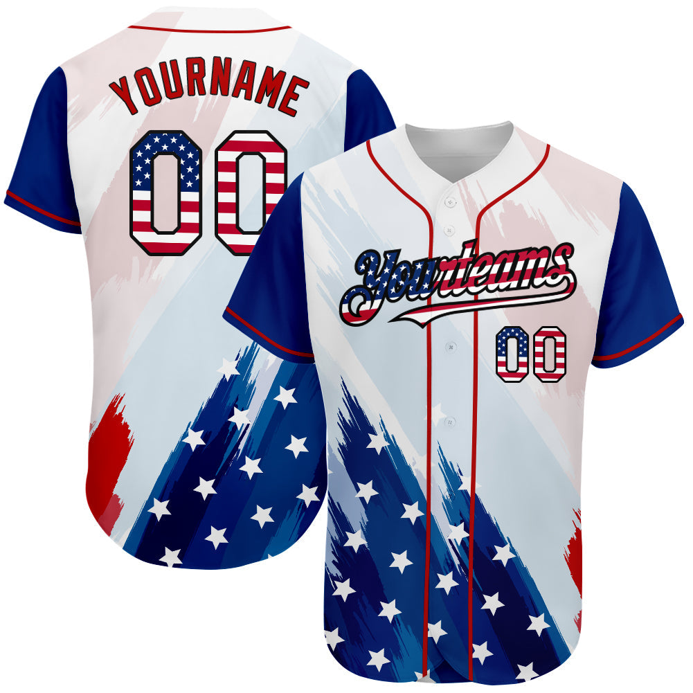 Custom Baseball Jersey - White USA Flag Royal Red-Black 3D American Flag Fashion