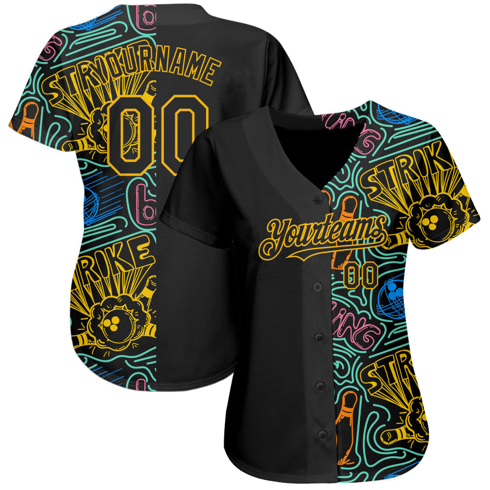 Custom Baseball Jersey - Black Gold 3D Pattern Design Bowling