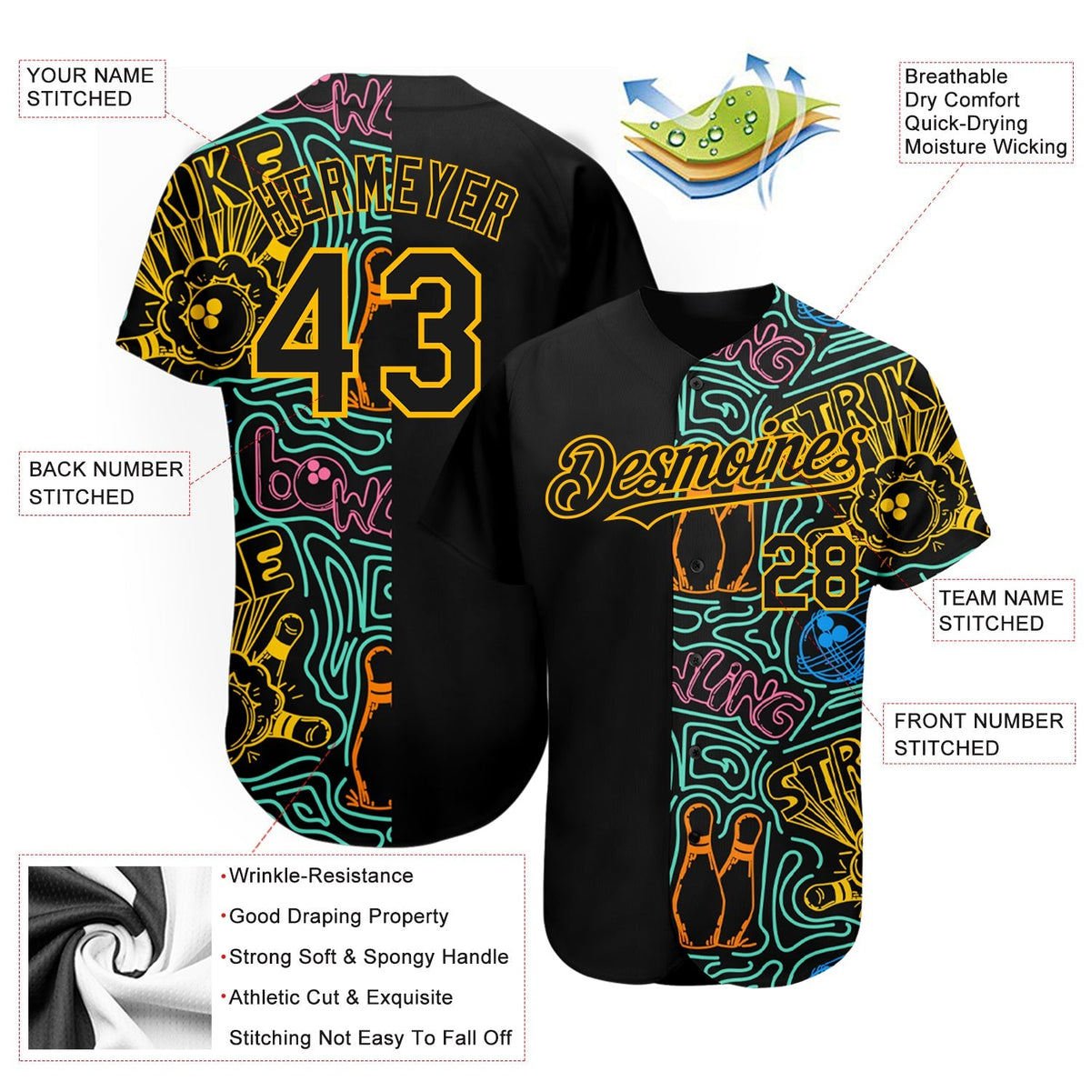 Custom Baseball Jersey - Black Gold 3D Pattern Design Bowling