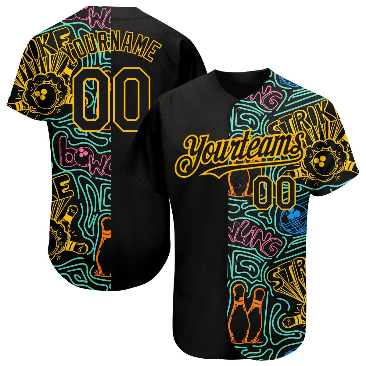 Custom Baseball Jersey - Black Gold 3D Pattern Design Bowling