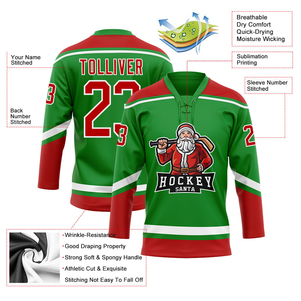 Custom Hockey Jersey - Grass Green Red-White Christmas Santa Claus 3D Lace Neck - Style 3DPattern1825