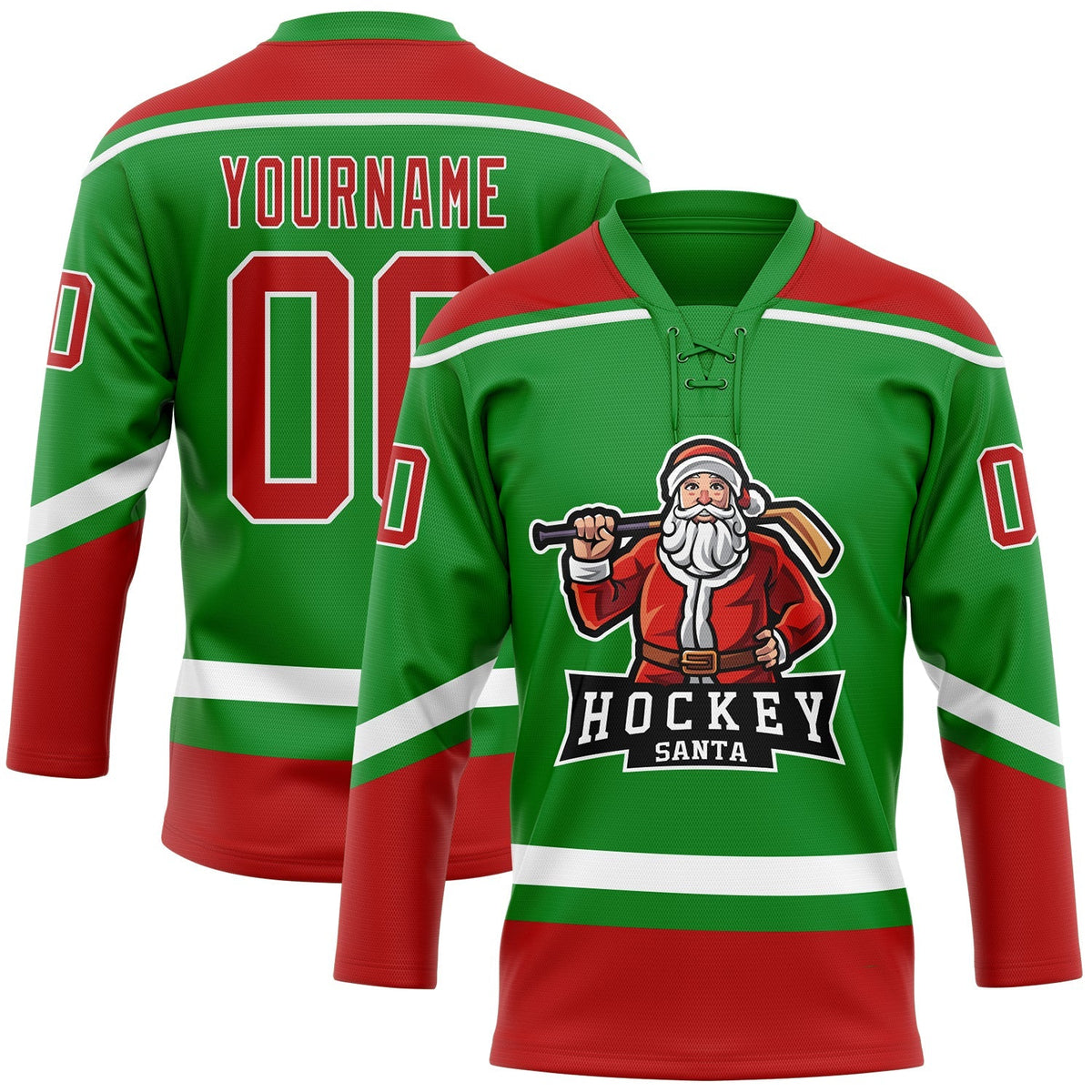 Custom Hockey Jersey - Grass Green Red-White Christmas Santa Claus 3D Lace Neck - Style 3DPattern1825