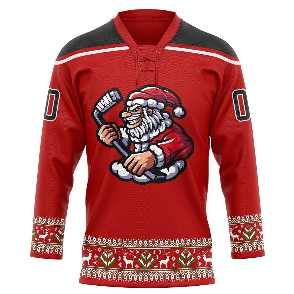 Custom Hockey Jersey - Red Black-White Christmas Santa Claus 3D Lace Neck