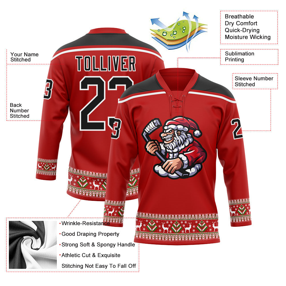 Custom Hockey Jersey - Red Black-White Christmas Santa Claus 3D Lace Neck
