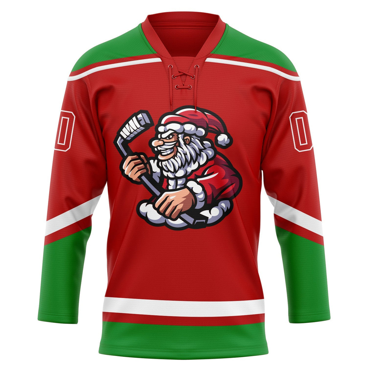 Custom Hockey Jersey - Red Grass Green-White Christmas Santa Claus 3D Lace Neck
