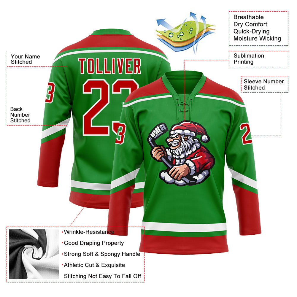 Custom Hockey Jersey - Grass Green Red-White Christmas Santa Claus 3D Lace Neck - Style 3DPattern1829