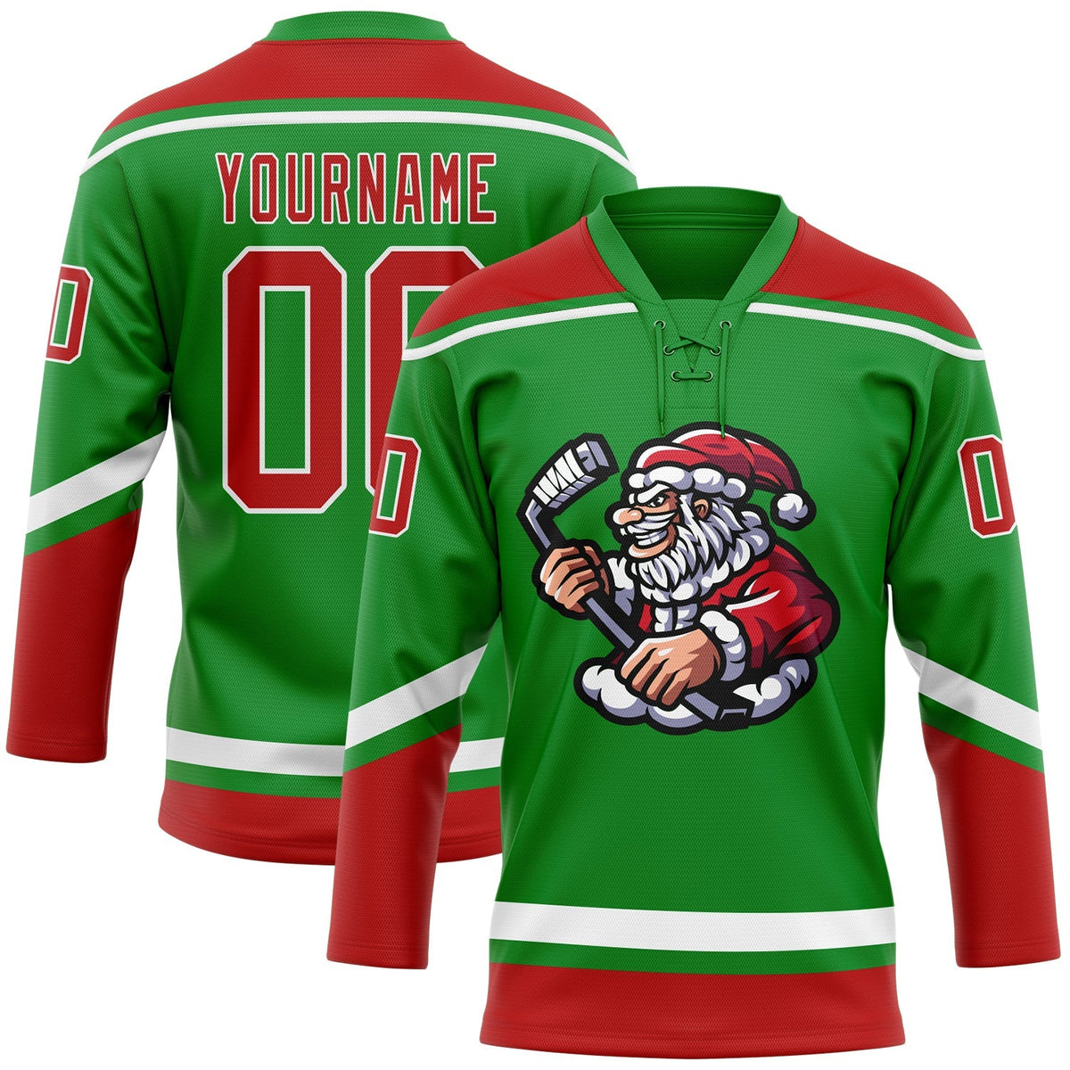Custom Hockey Jersey - Grass Green Red-White Christmas Santa Claus 3D Lace Neck - Style 3DPattern1829