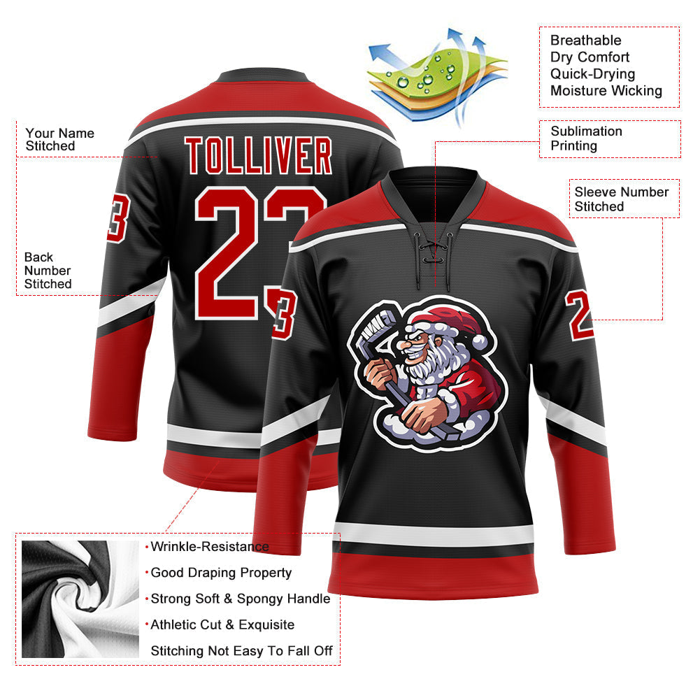 Custom Hockey Jersey - Black Red-White Christmas Santa Claus 3D Lace Neck - Style 3DPattern1830