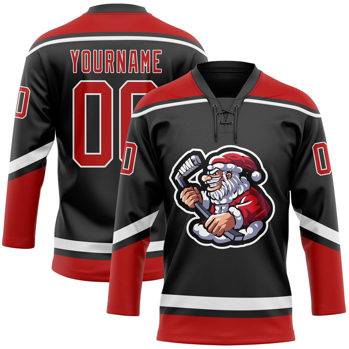Custom Hockey Jersey - Black Red-White Christmas Santa Claus 3D Lace Neck - Style 3DPattern1830