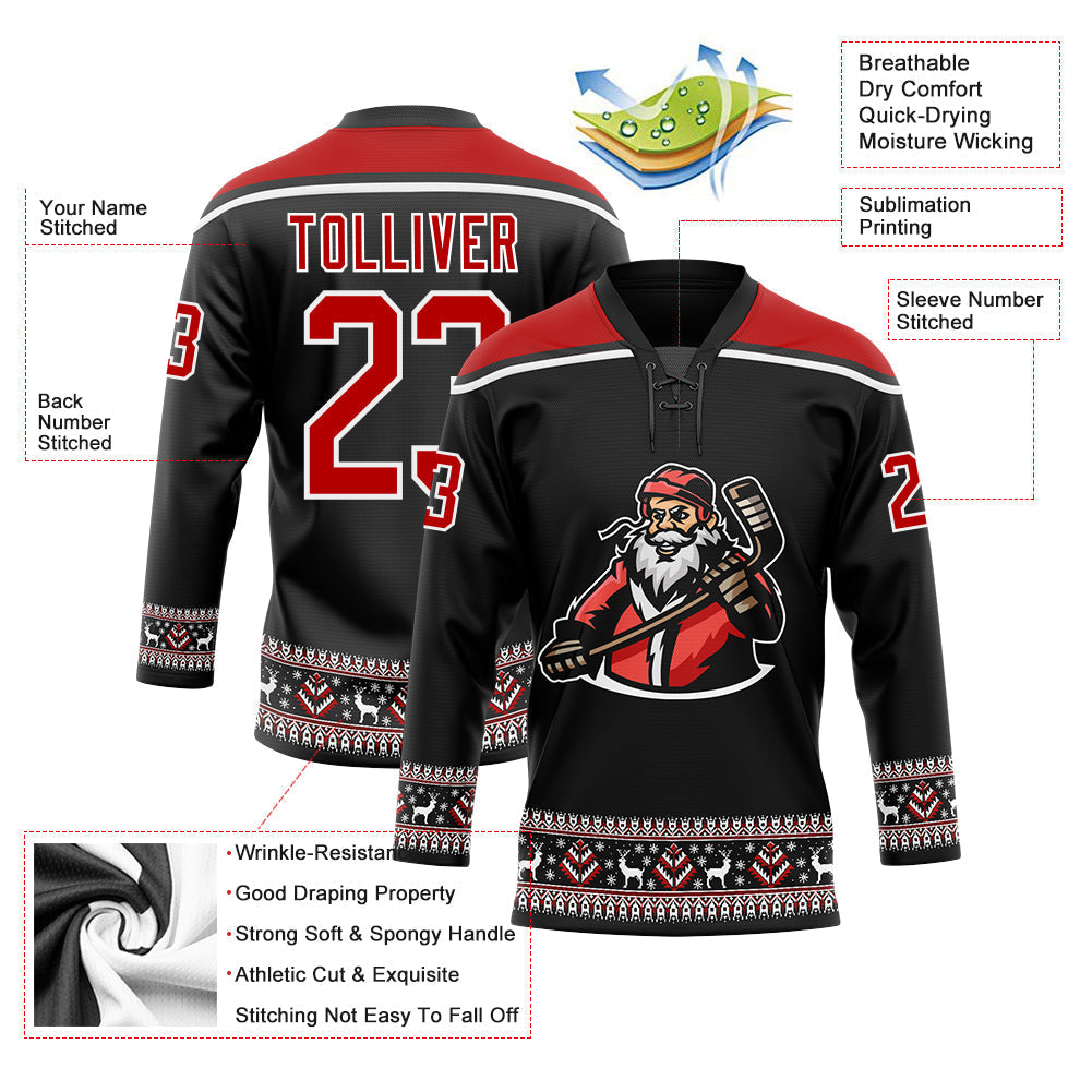 Custom Hockey Jersey - Black Red-White Christmas Santa Claus 3D Lace Neck - Style 3DPattern1832