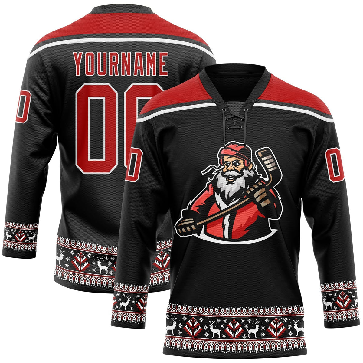 Custom Hockey Jersey - Black Red-White Christmas Santa Claus 3D Lace Neck - Style 3DPattern1832