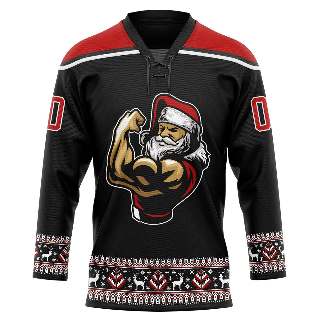 Custom Hockey Jersey - Black Red-White Christmas Santa Claus 3D Lace Neck - Style 3DPattern1872