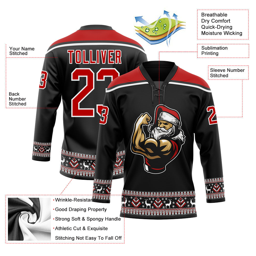Custom Hockey Jersey - Black Red-White Christmas Santa Claus 3D Lace Neck - Style 3DPattern1872