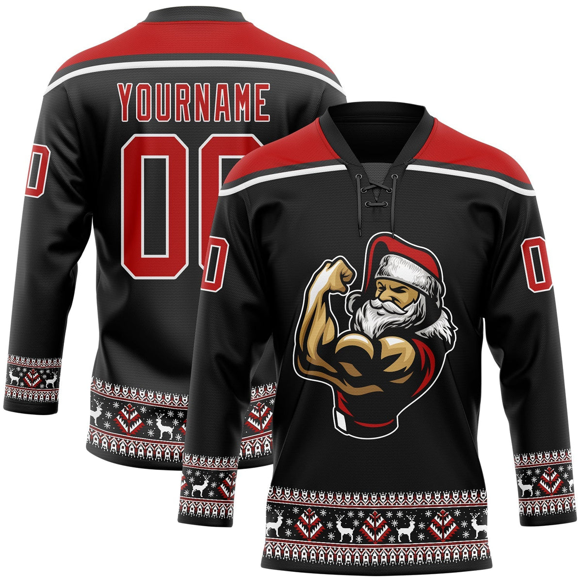 Custom Hockey Jersey - Black Red-White Christmas Santa Claus 3D Lace Neck - Style 3DPattern1872