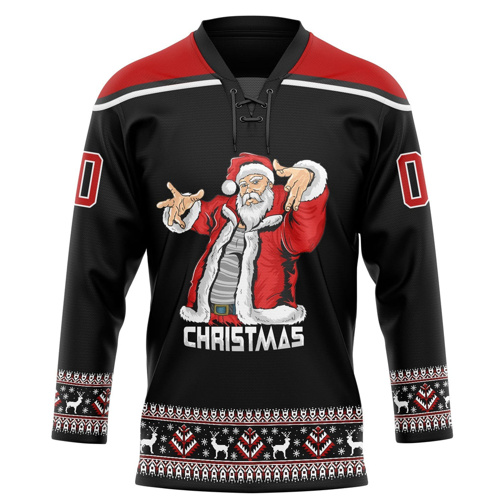 Custom Hockey Jersey - Black Red-White Christmas Santa Claus 3D Lace Neck - Style 3DPattern1884