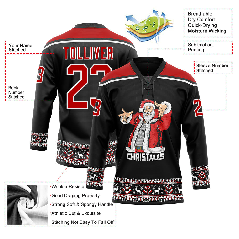 Custom Hockey Jersey - Black Red-White Christmas Santa Claus 3D Lace Neck - Style 3DPattern1884