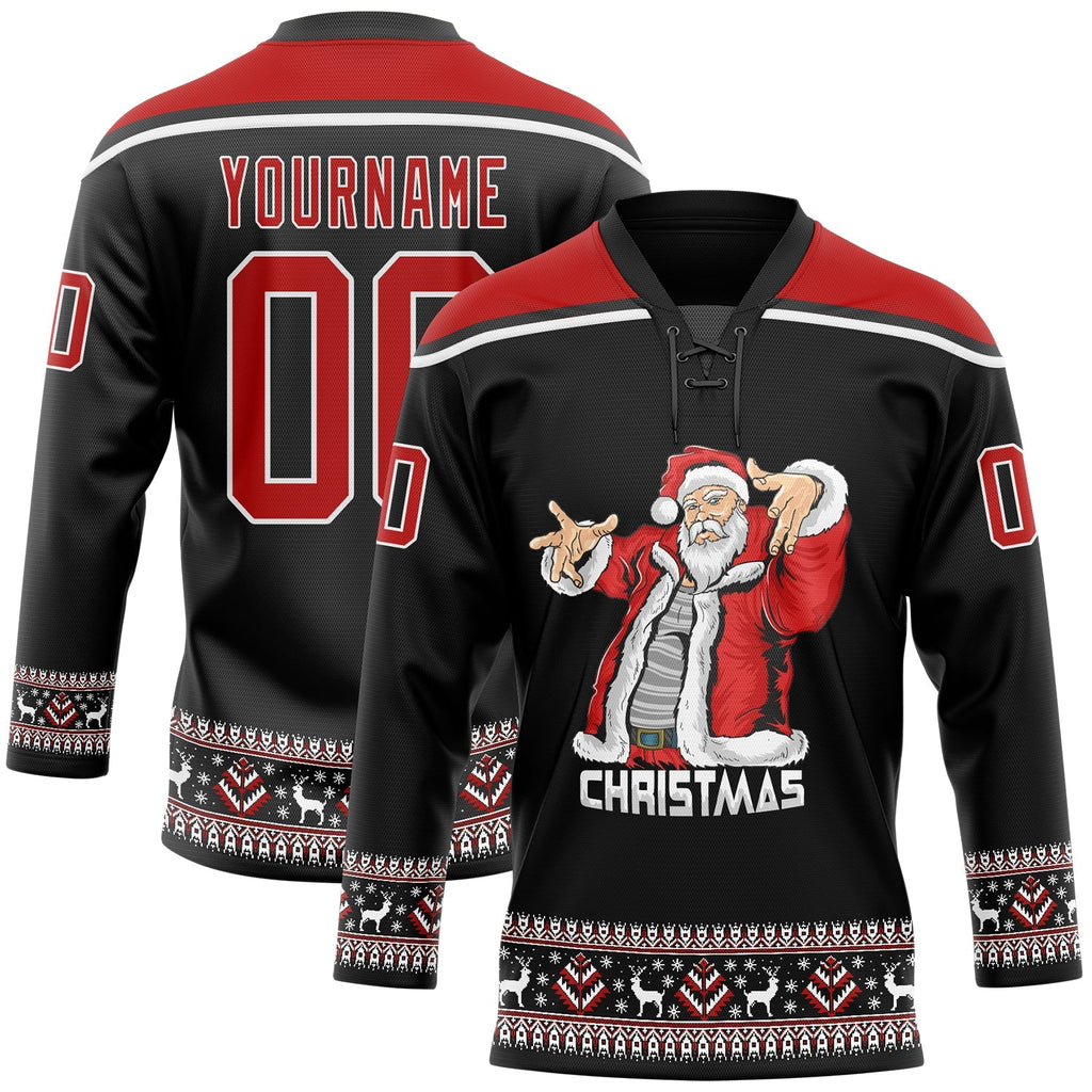Custom Hockey Jersey - Black Red-White Christmas Santa Claus 3D Lace Neck - Style 3DPattern1884