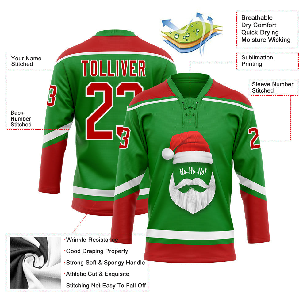 Custom Hockey Jersey - Grass Green Red-White Christmas Santa Claus 3D Lace Neck - Style 3DPattern1889