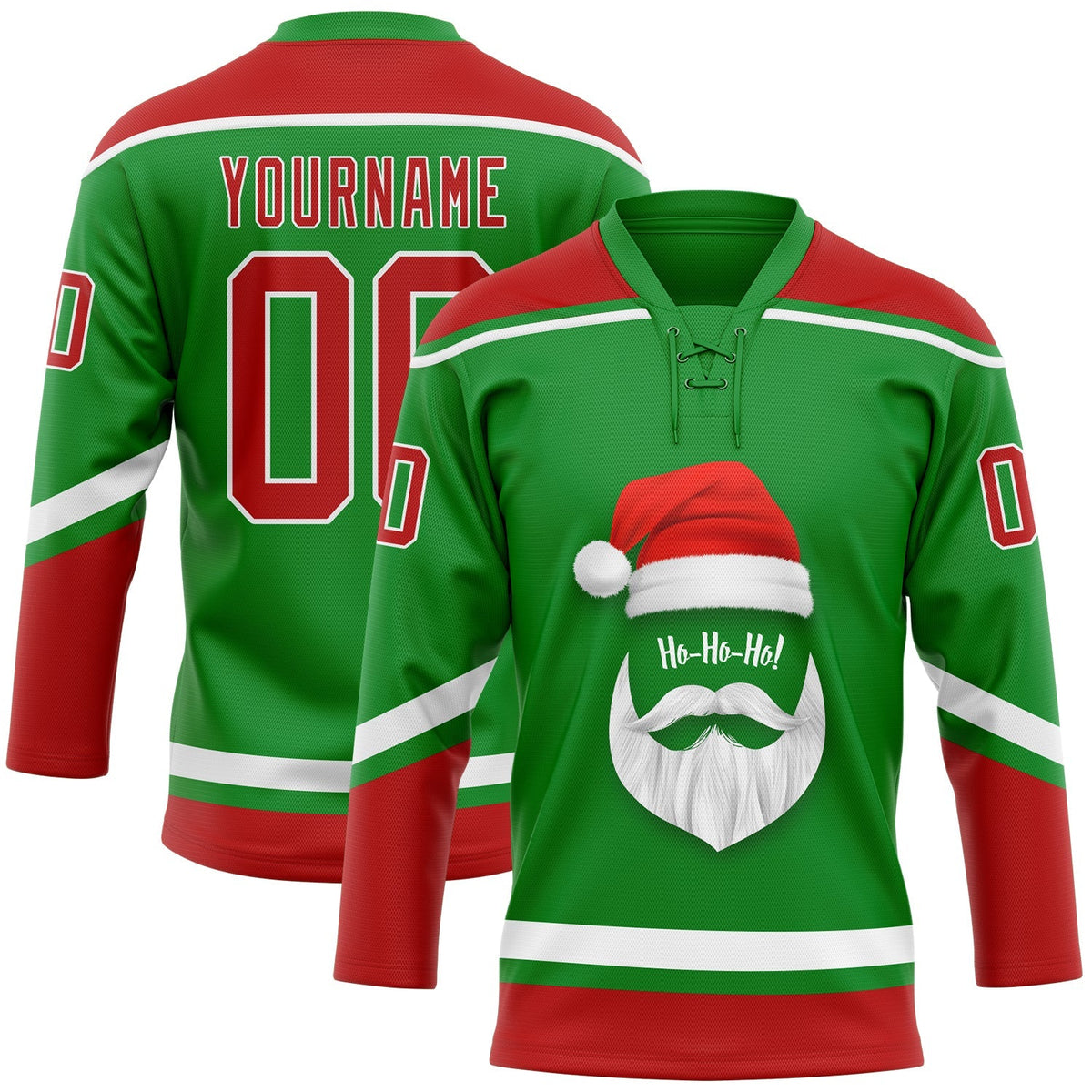 Custom Hockey Jersey - Grass Green Red-White Christmas Santa Claus 3D Lace Neck - Style 3DPattern1889