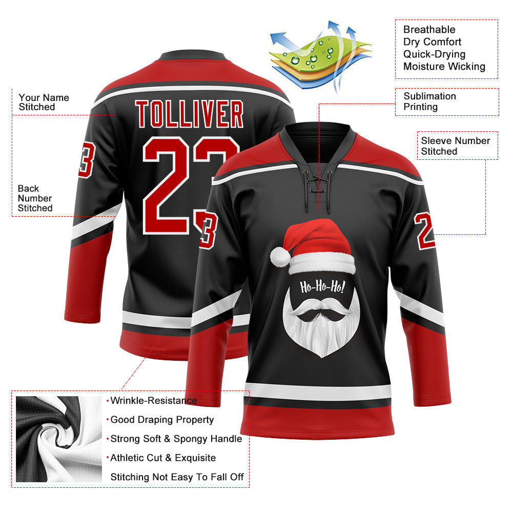Custom Hockey Jersey - Black Red-White Christmas Santa Claus 3D Lace Neck - Style 3DPattern1890