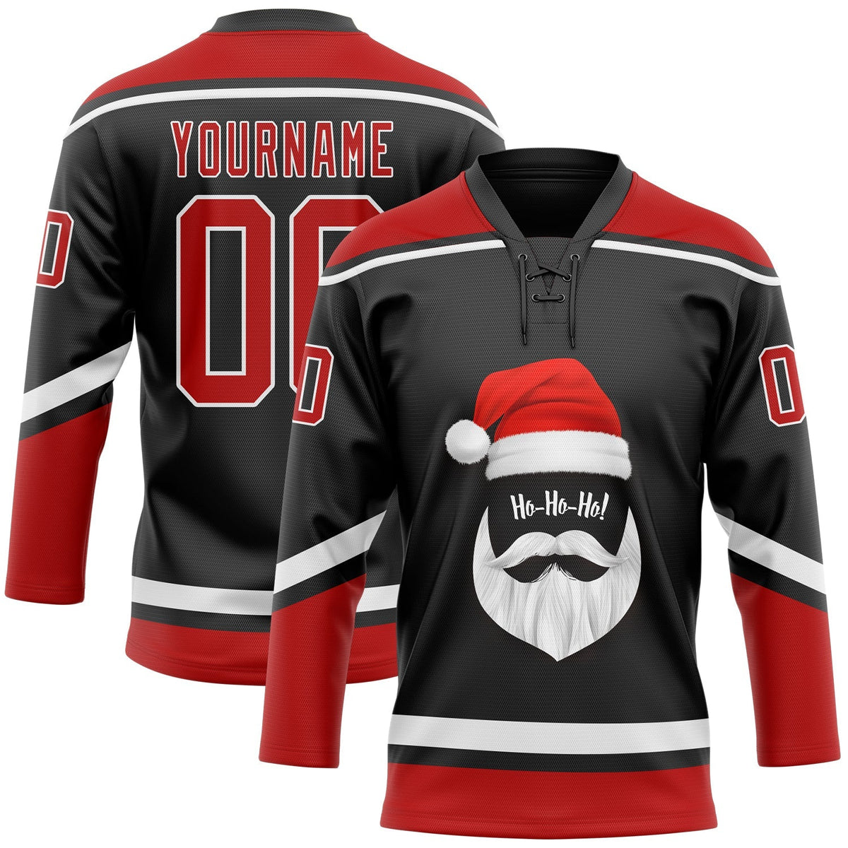 Custom Hockey Jersey - Black Red-White Christmas Santa Claus 3D Lace Neck - Style 3DPattern1890