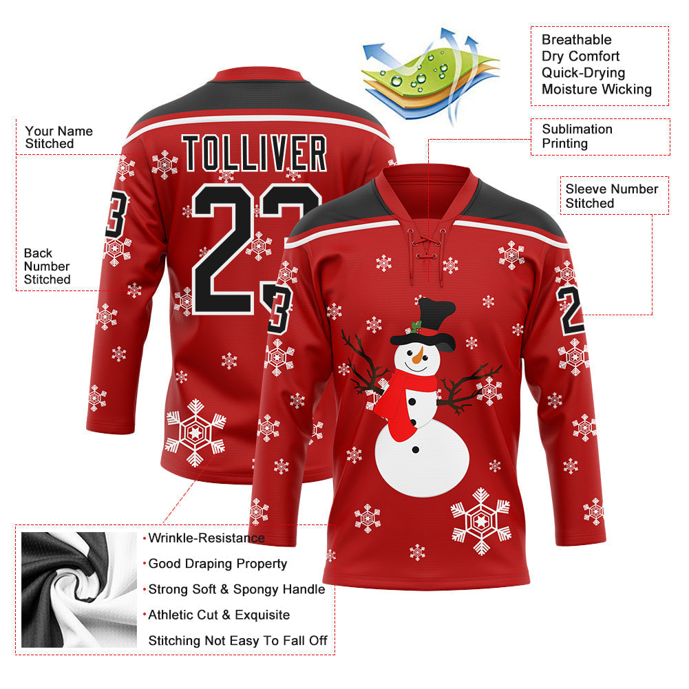 Custom Hockey Jersey - Red Black-White Christmas Snowman 3D Lace Neck