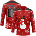 Custom Hockey Jersey - Red Black-White Christmas Snowman 3D Lace Neck