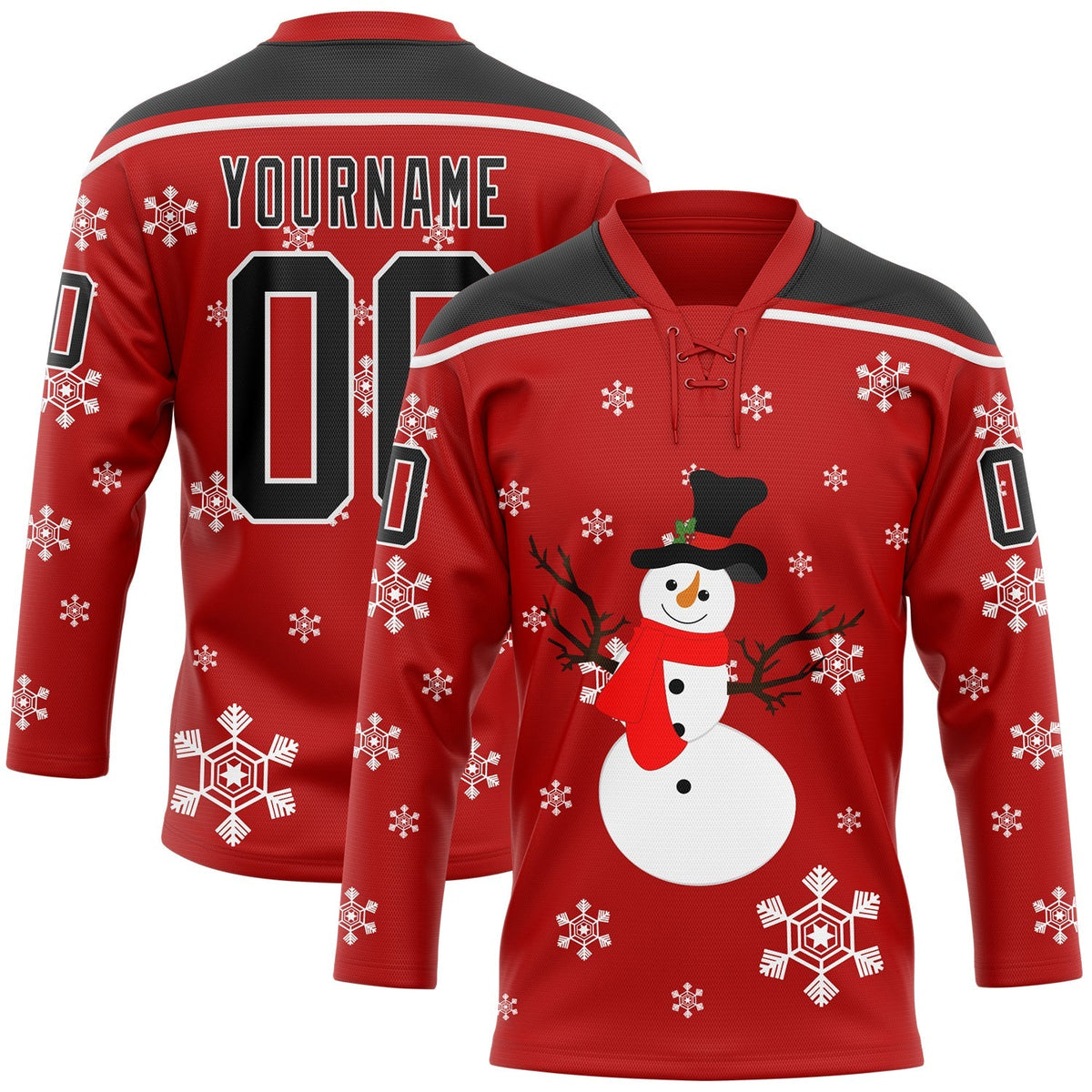 Custom Hockey Jersey - Red Black-White Christmas Snowman 3D Lace Neck