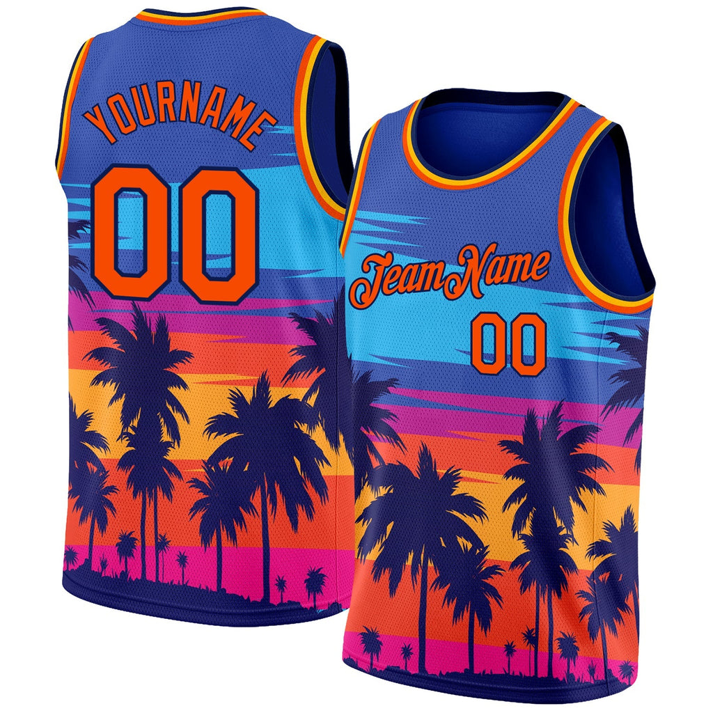 Custom Basketball Jersey - Royal Orange-Navy 3D Pattern Tropical Hawaii Palm Trees